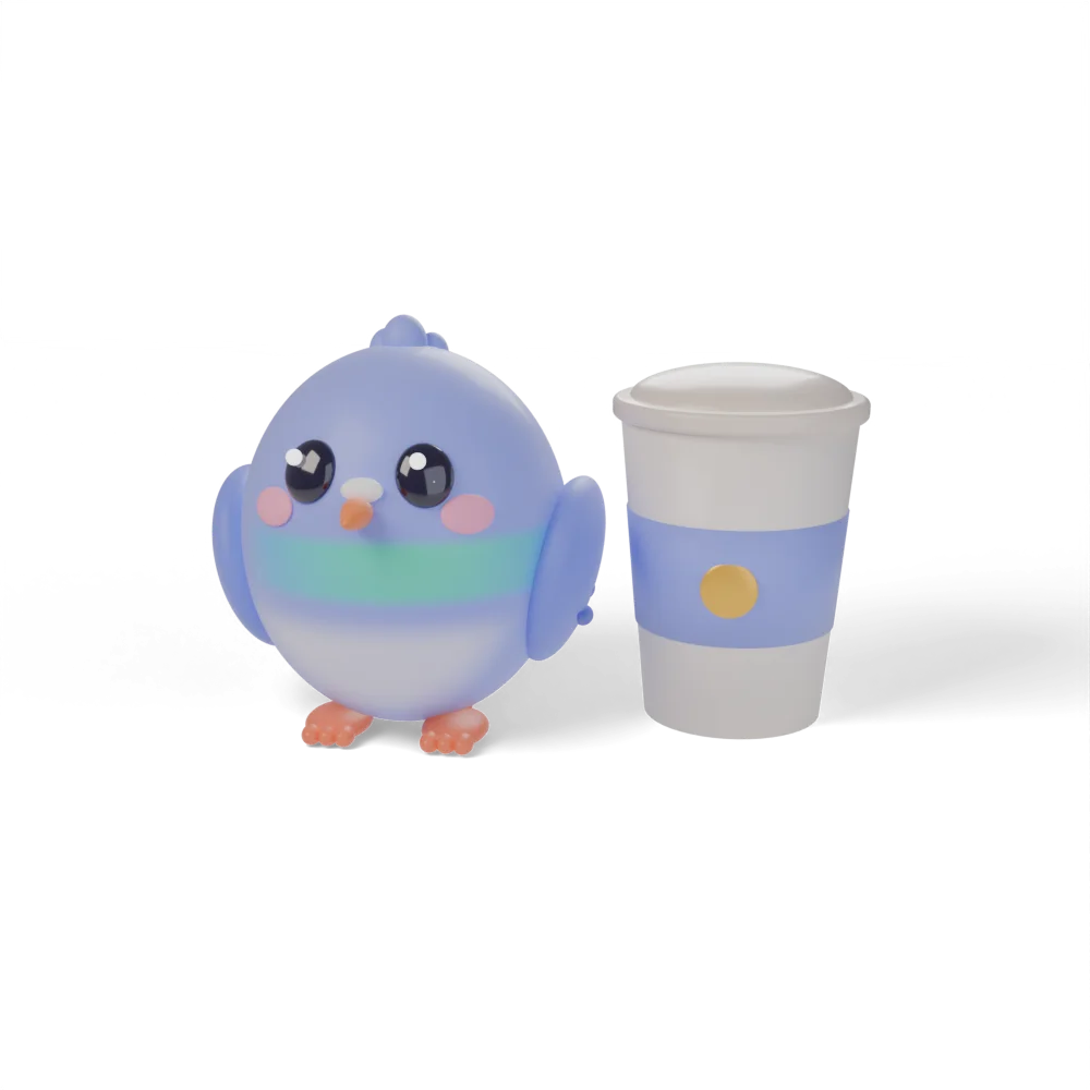 Pidge the pigeon next to a coffee cup